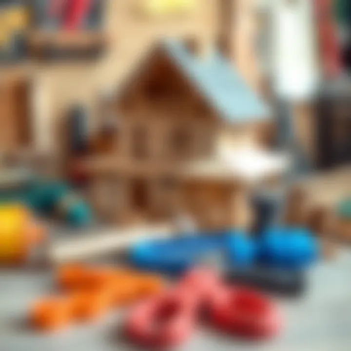 Essential Tools and Materials Various tools and materials laid out for constructing a wooden model house.