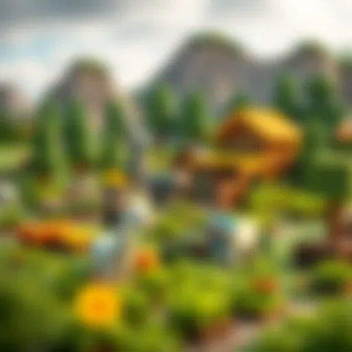 A vibrant Minecraft farm landscape with crops and animals