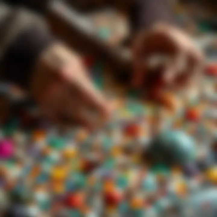 Close-up of hands assembling mosaic pieces
