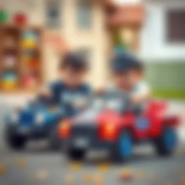 Children developing motor skills while playing with police battery cars