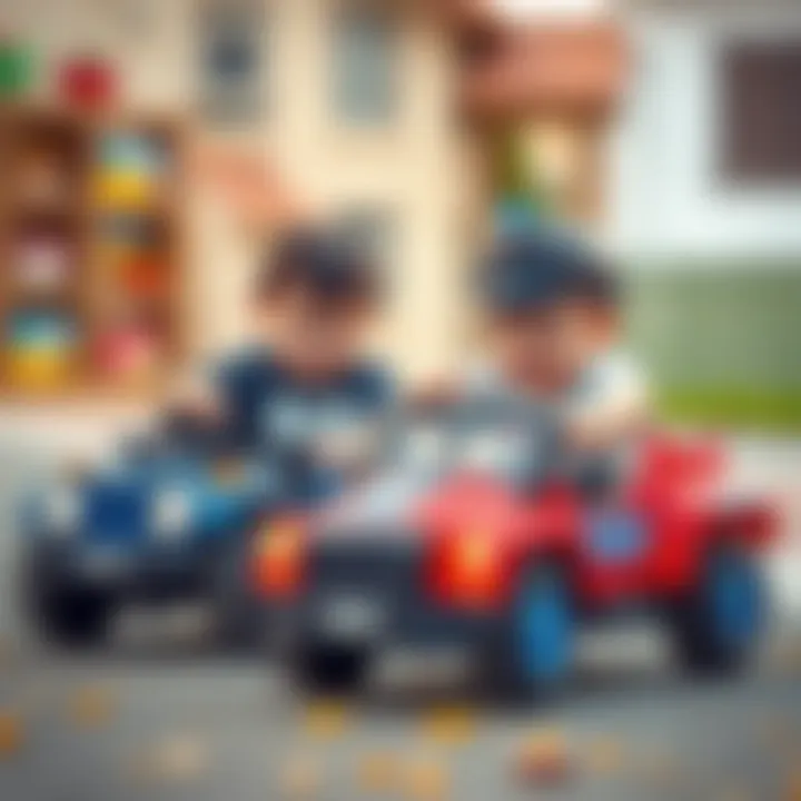 Children developing motor skills while playing with police battery cars