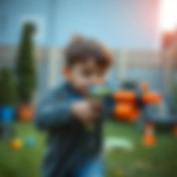 Child Engaged in Nerf Gun Play A child enjoying a Nerf gun battle in a backyard.