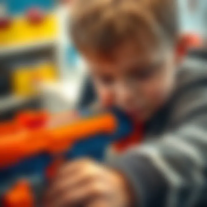 Child Engaging with Nerf Gun Mechanics Close-up of a child loading a Nerf gun.