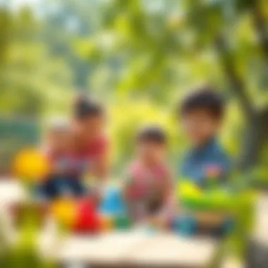 Parents engaging with children in a creative outdoor activity