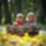 Children playing with a wooden forest cart, enhancing creativity and motor skills.