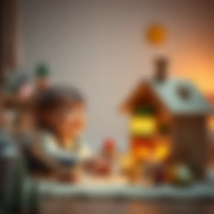 Child playing with a handmade toy house