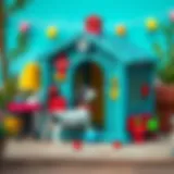 Colorful toy dog kennel with various accessories