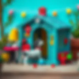 Colorful toy dog kennel with various accessories