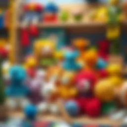 Colorful crochet toy set displayed creatively