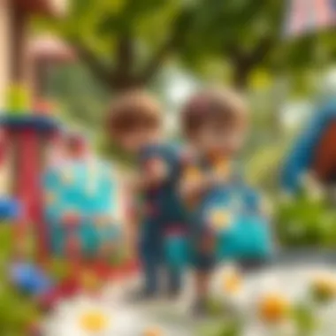 Children using daisy school bags in a playful outdoor setting