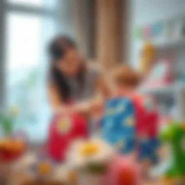 Parent assisting a child in choosing a daisy school bag