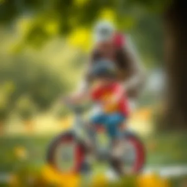 A parent assisting a child in learning to ride a bicycle, fostering development.
