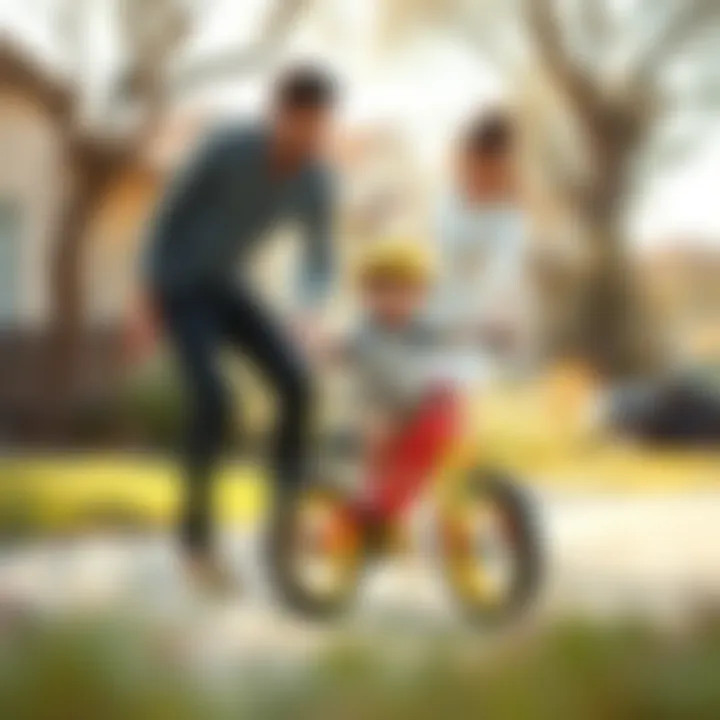 Parents assisting their child with riding a four-wheeled bicycle