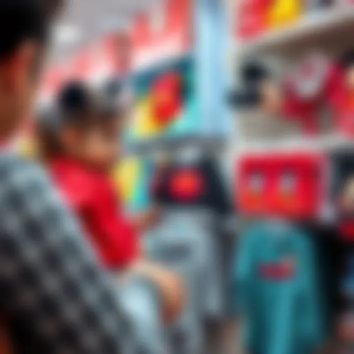 Parents selecting Mickey Mouse baby clothing at a store
