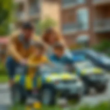 Parents supervising children playing with police battery cars