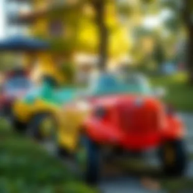 Colorful pedal cars for children playing outdoors