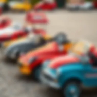 Different types of pedal cars lined up for comparison