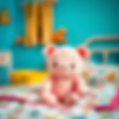 A cheerful pink stuffed pig sitting on a child's bed