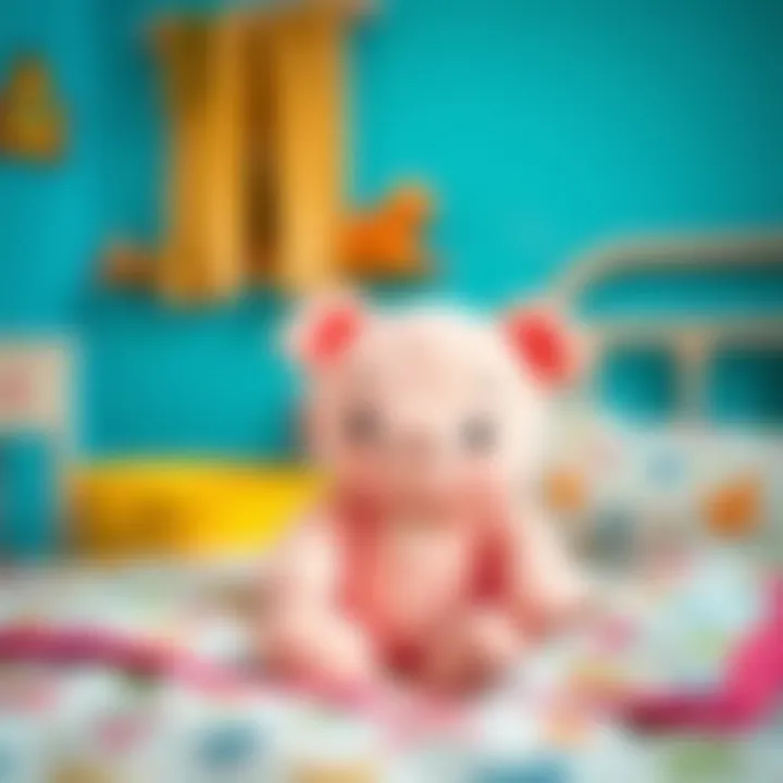 A cheerful pink stuffed pig sitting on a child's bed