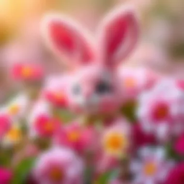 A delightful pink bunny toy amidst flowers