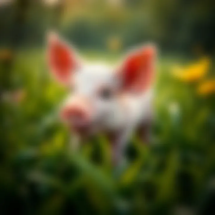 Cute pink piglet playing in a lush green field.