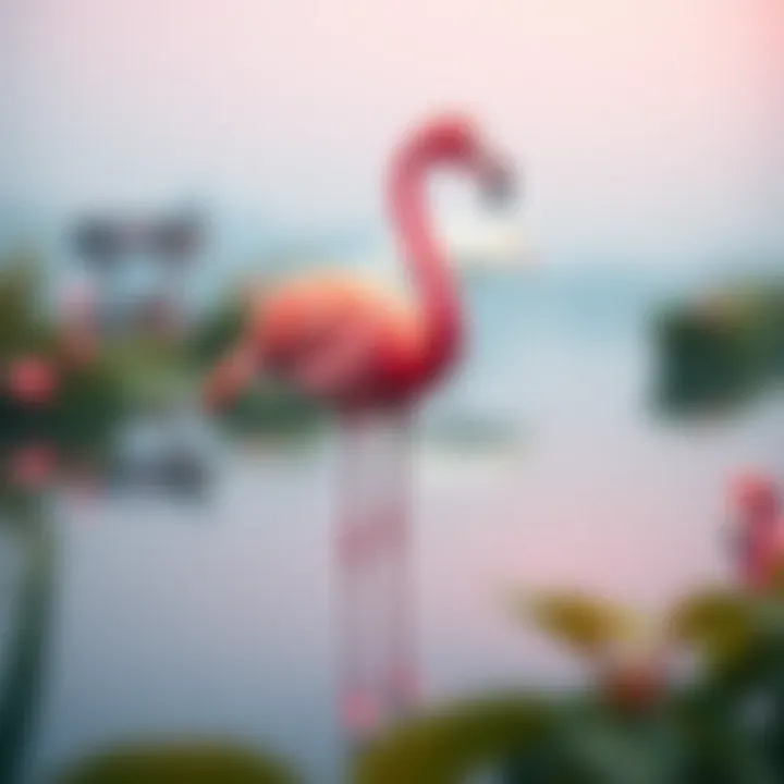 A vibrant pink flamingo standing gracefully in a serene pond.