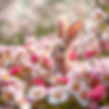 An adorable pink bunny sitting amidst blooming flowers.