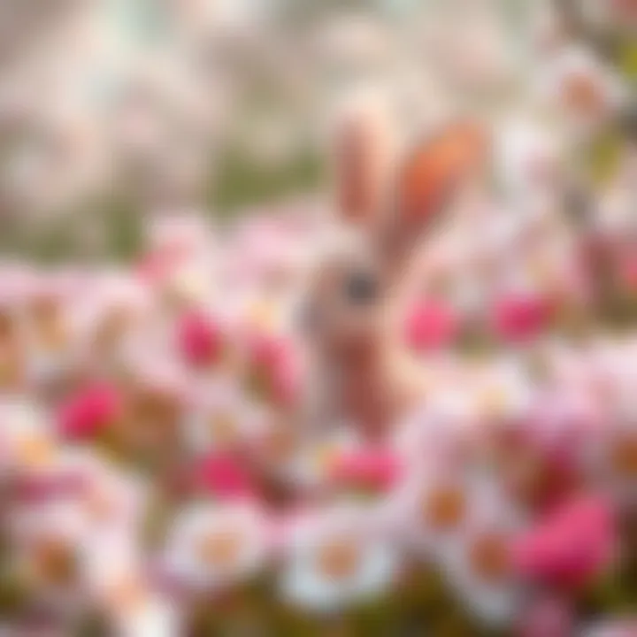 An adorable pink bunny sitting amidst blooming flowers.