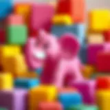 A vibrant pink toy elephant surrounded by colorful blocks