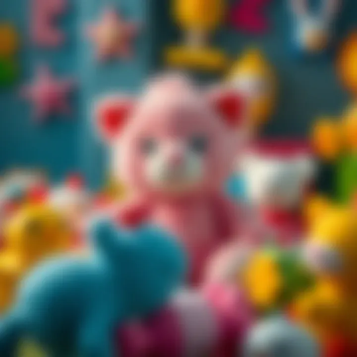 A whimsical pink stuffed animal surrounded by colorful toys.