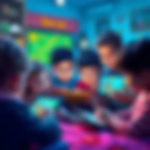 A vibrant illustration of children engaging with educational games on tablets.