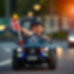 Child enjoying a ride in a police-themed battery car