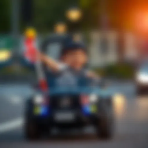 Child enjoying a ride in a police-themed battery car