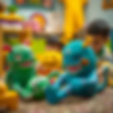 An educational scene depicting children engaged with cute monster toys, highlighting their developmental benefits.