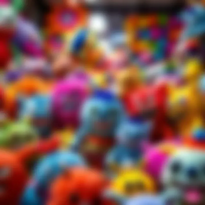 A vibrant marketplace display of plush cute monsters, emphasizing their role in the toy industry.