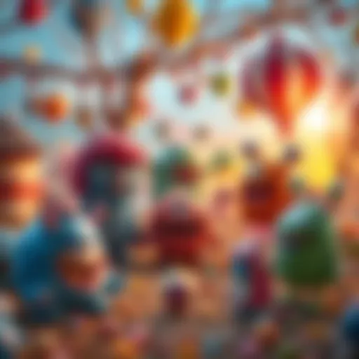 A colorful and whimsical illustration of cute monster characters interacting in a vibrant setting.