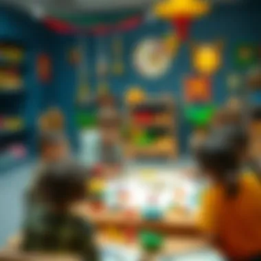 A modern educational setting where children interact with jinn-themed learning materials.