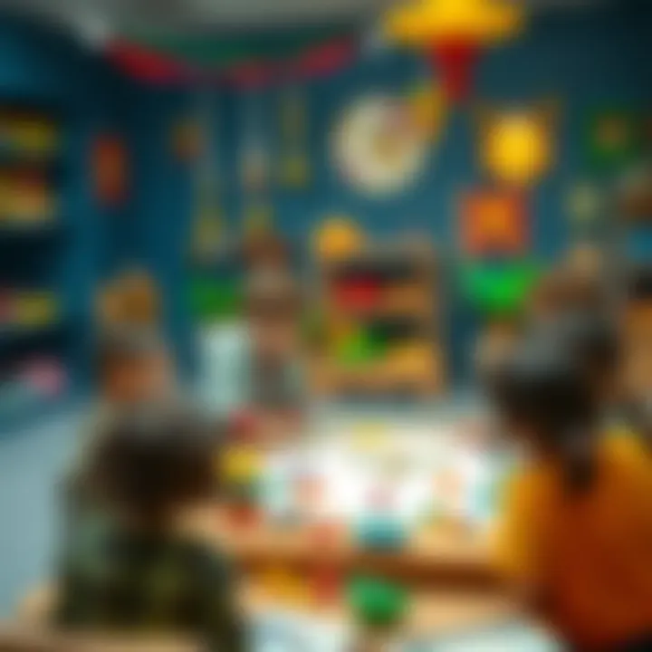 A modern educational setting where children interact with jinn-themed learning materials.