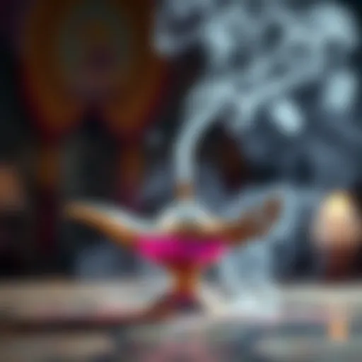 The Enchantment of the Magic Lamp An artistic representation of a magic lamp with ethereal smoke emanating from it.