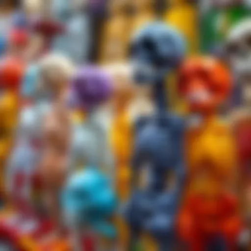 Colorful skeleton toys arranged creatively