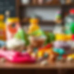 Colorful slime ingredients arranged on a table