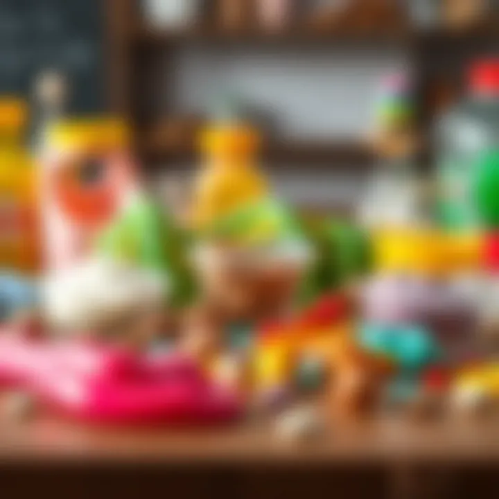 Colorful slime ingredients arranged on a table