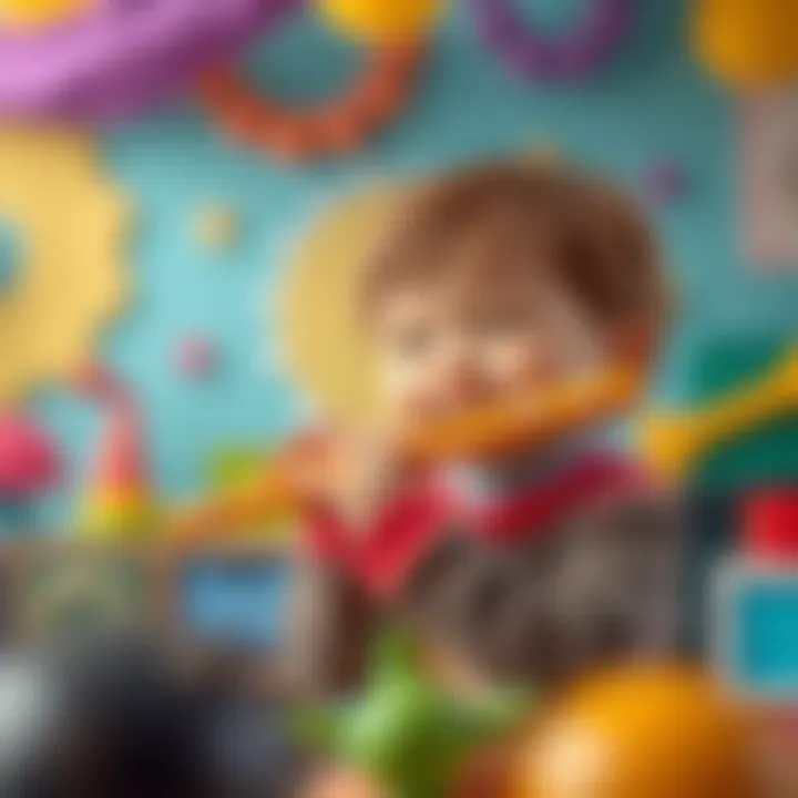 Child's Creative Expression with Flute A child joyfully playing a small flute in a bright, colorful environment, showcasing creativity and expression.