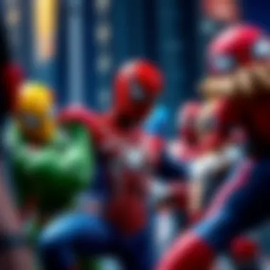 An artistic representation of Spider-Man interacting with various characters in the game.