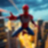 A vibrant illustration showcasing Spider-Man swinging through a cityscape.