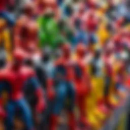 Colorful Spider-Man action figures displayed on a shelf