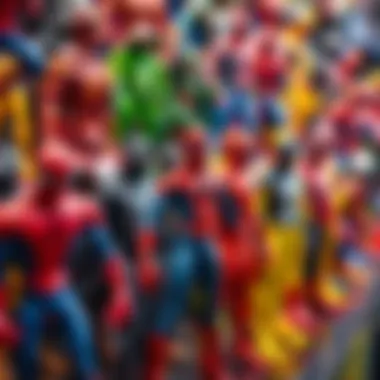 Colorful Spider-Man action figures displayed on a shelf