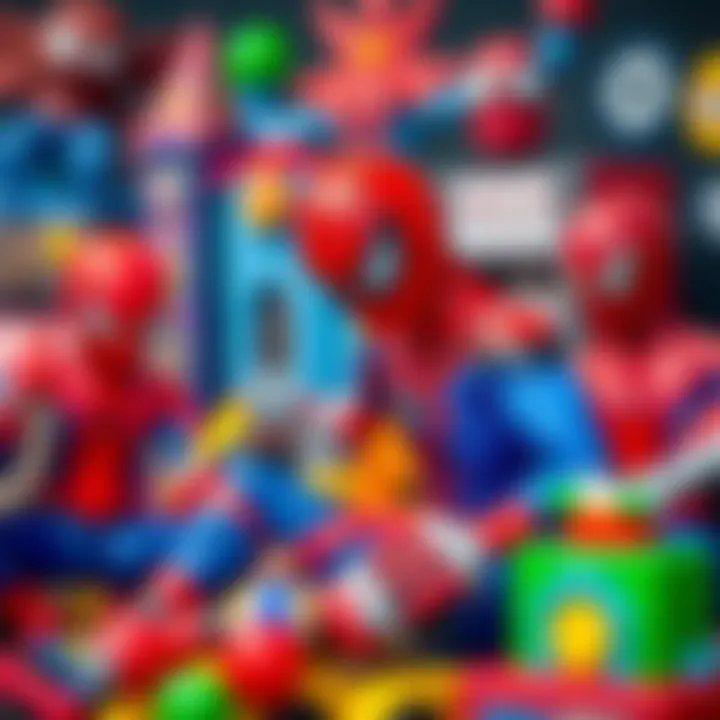 A vibrant assortment of Spider-Man themed toys and games