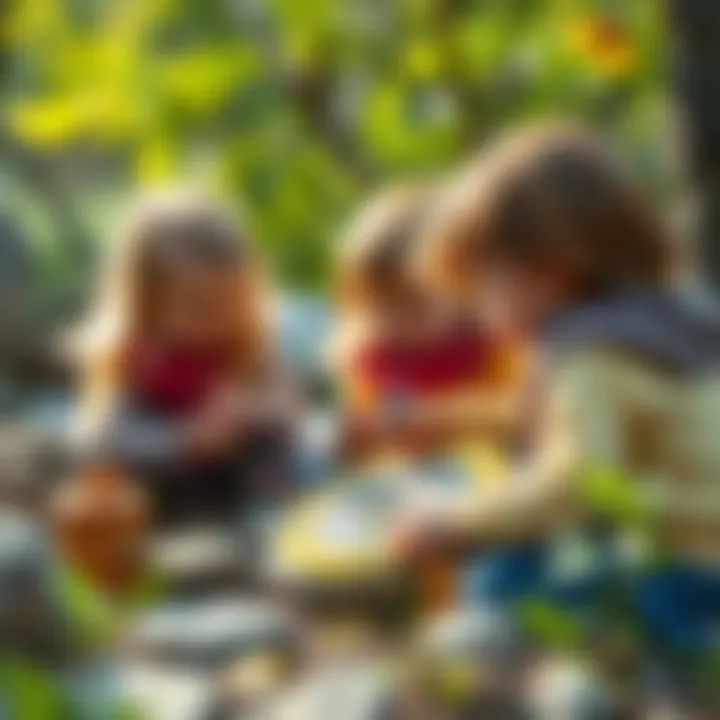 Children Embracing Bee-Themed Stone Painting Children engaging in a stone painting activity with bee themes
