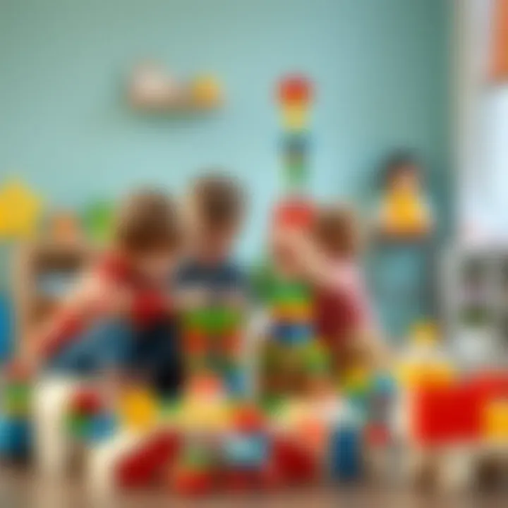 Collaborative Stacking Challenge Among Children A group of children collaborating on a stacking challenge